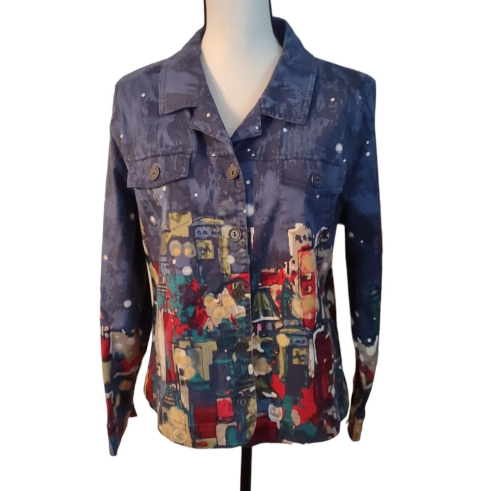 🎄Christopher & Banks Jacket / Shacket With Abstract Snowy City Scene Size…